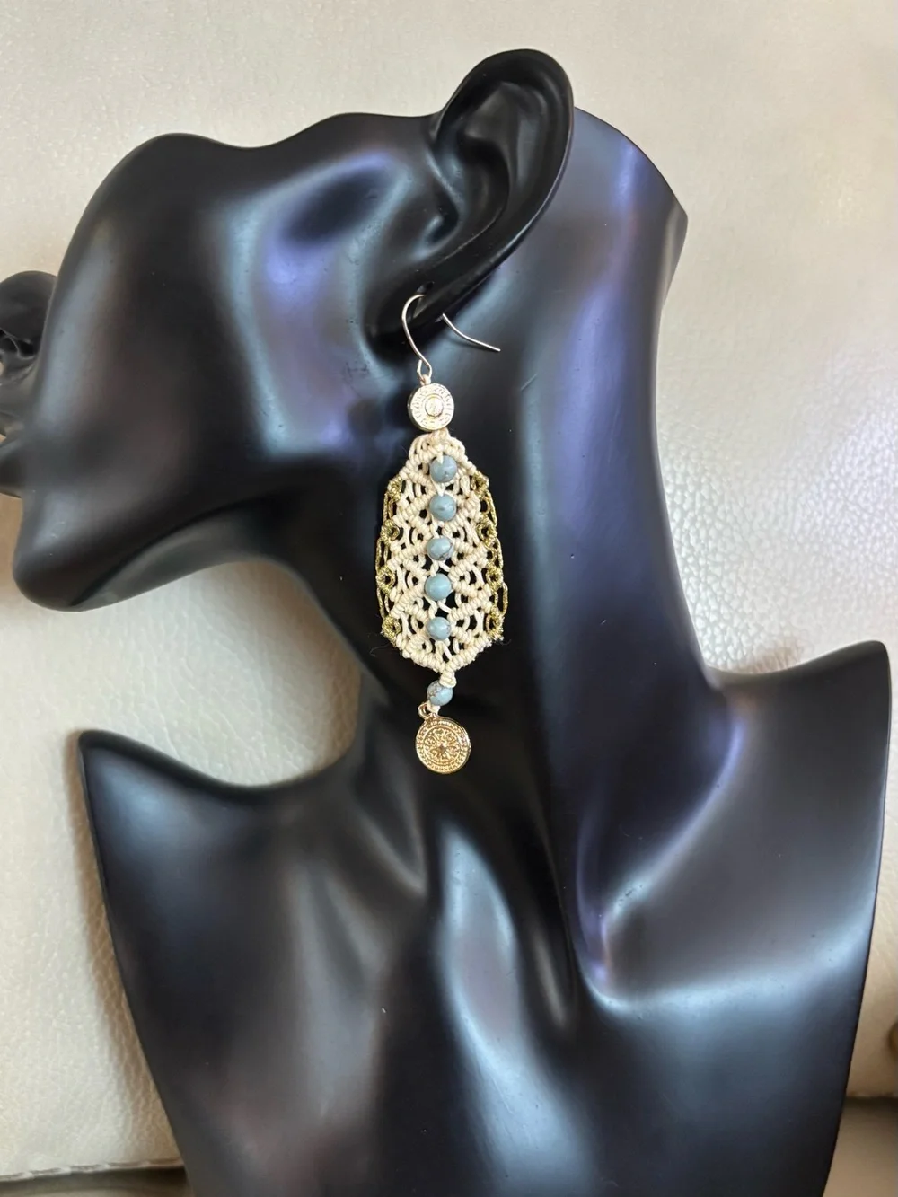 NWT NKN Nekane Kant Boho Macrame Dangle Earrings Turquoise Beads Gold